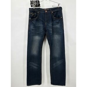 Y2K Grunge Urban Label Mens Dark Wash Straight Leg Embroidered Jeans 36x34